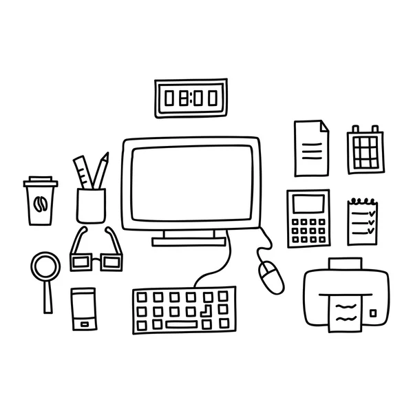 Desk with a computer or workplace in office drawn by hand doodle style. Vector illustration — Stock Vector