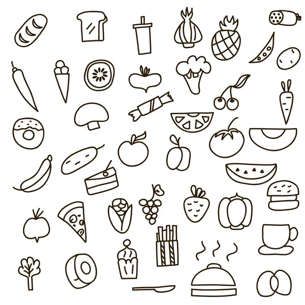 Icônes de fruits, légumes et aliments un gribouillage dessiné à la main dans le style. Illustration vectorielle . — Image vectorielle