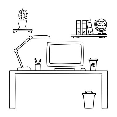 Bir bilgisayar veya işyeri ofis Resepsiyon el ile doodle tarzı çizilmiş. Vektör çizim