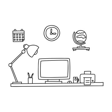 Bir bilgisayar veya işyeri ofis Resepsiyon el ile doodle tarzı çizilmiş. Vektör çizim