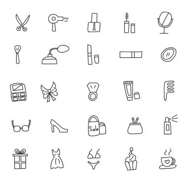 Kadın giyim ve kozmetik simgeleri tarzı çizilmiş doodle ver. Vektör çizim.