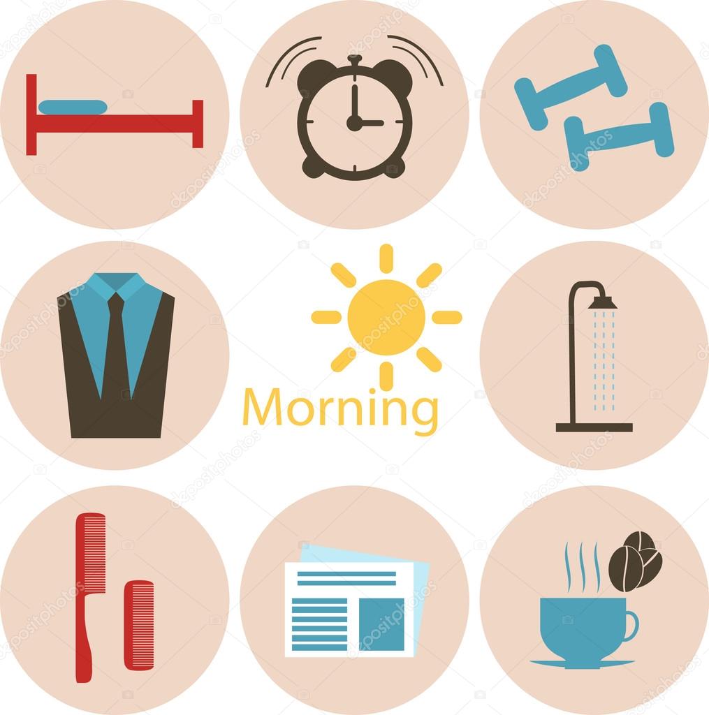 Morning time, morning occupation icons set. Flat design.