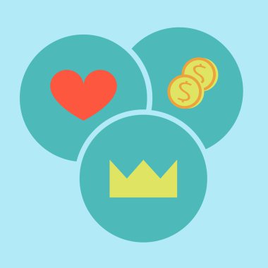 Power, love, heart, money, selection, priority, morality, icons flat design