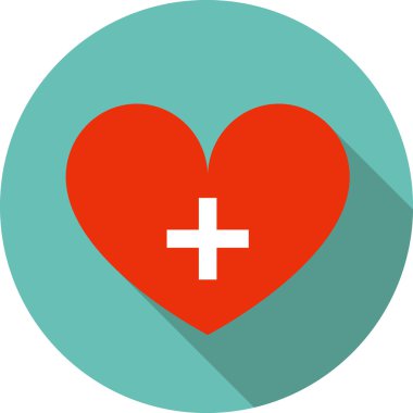 Red heart with medical cross in circle, flat icon