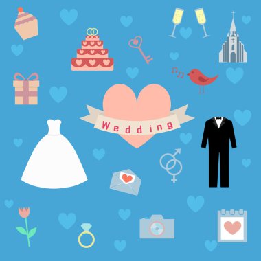 Düğün töreni, set, vektör simgeler düz tasarımı