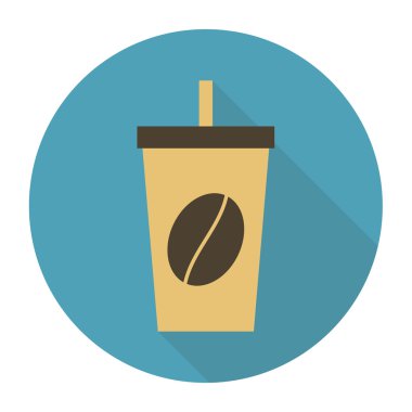 Tek kullanımlık kahve Kupası simge vektör çizim düz tasarım gölge ile kahve çekirdekleri logolu.