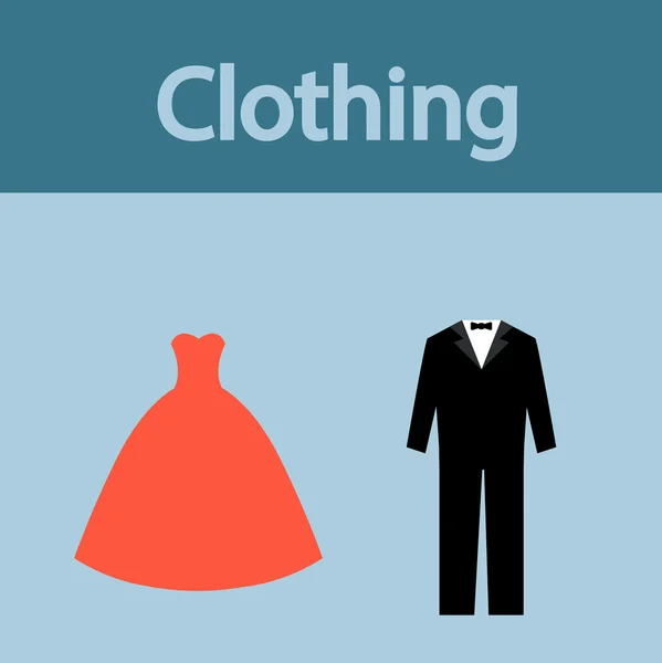 Clothing, evening dress and mens suit vector icons. — Stock Vector