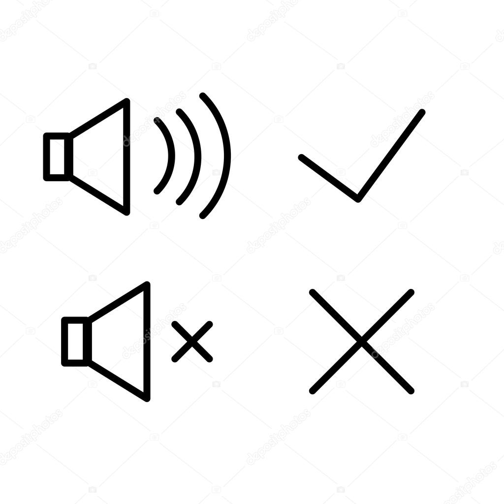 Vector icons sound volume loud quiet, tick, cross, mark