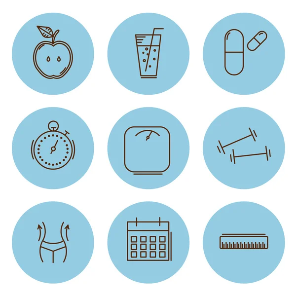 Fitness en gezondheid, vermagering set van pictogrammen. Vectorillustratie — Stockvector