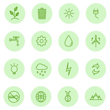 Ekoloji, çevre, doğa, enerji yeşil hat simgeler, vektör