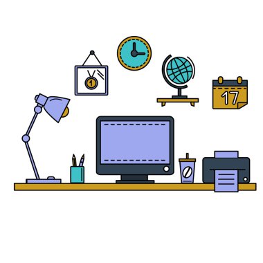 Düz vektör çizim çalışma alanı ile masaüstü bilgisayar, iş yeri, ekipman ofis iç hat. 