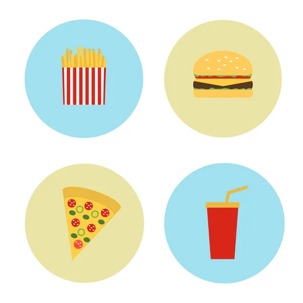 Impostare le icone nei circoli di fast food. Illustrazione vettoriale — Vettoriale Stock