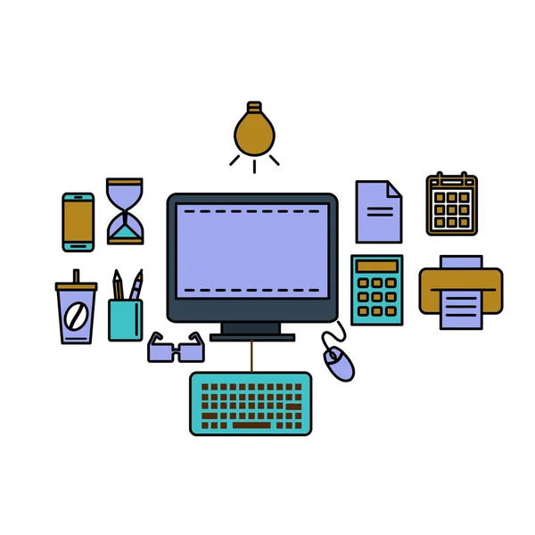 Lijn platte vector illustratie werkruimte met desktopcomputer, werkplek, apparatuur in office interieur. — Stockvector