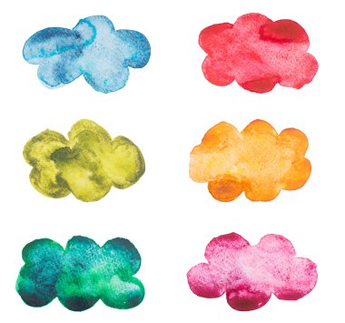 Painted in watercolor clouds of different colors isolated on white background