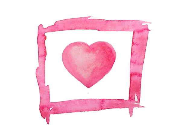 Pink heart, painted in watercolor framed isolated on white background — Stock Photo, Image