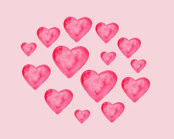 Zbiór akwarele serca na tle różowy — Zdjęcie stockowe