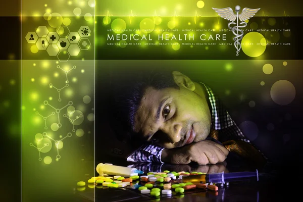 Doctor rest with heap of pills — Stock Photo, Image