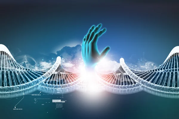 Twisted chrome DNA chain and hand — Stock Photo, Image