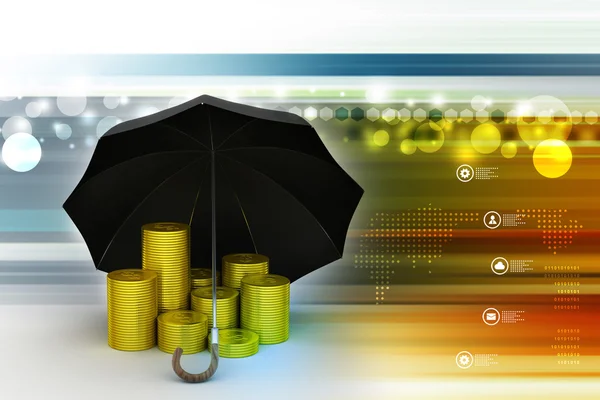 Gold coins under umbrella — Stock Photo, Image