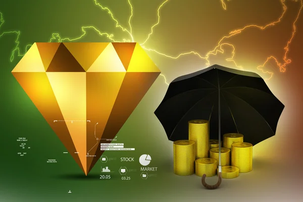 Gold coins under umbrella — Stock Photo, Image