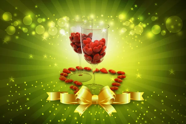 Red hearts in wine glasses — Stock Photo, Image