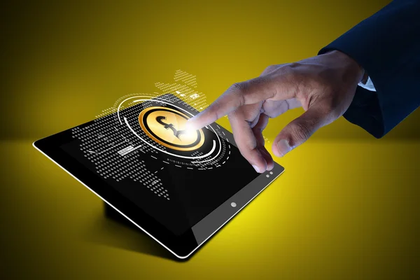 Hand pressing pound sign in digital tablet — Stock Photo, Image