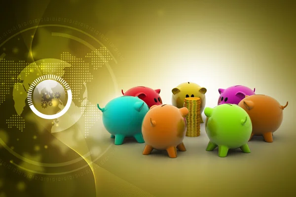 Piggybanks alrededor con monedas de oro — Foto de Stock