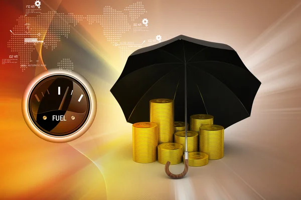 Gold coins under umbrella — Stock Photo, Image