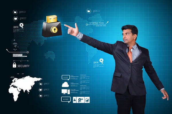 Businessman pointing on Usb flash with lock sign — Stock Photo, Image