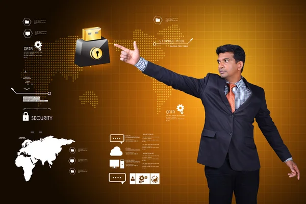 Businessman pointing on Usb flash with lock sign — Stock Photo, Image