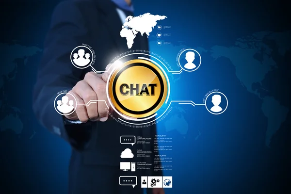 Empresário apontando no ícone Chat — Fotografia de Stock