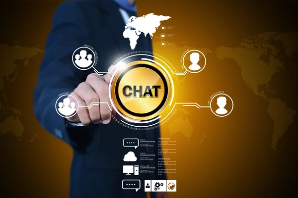 Empresário apontando no ícone Chat — Fotografia de Stock