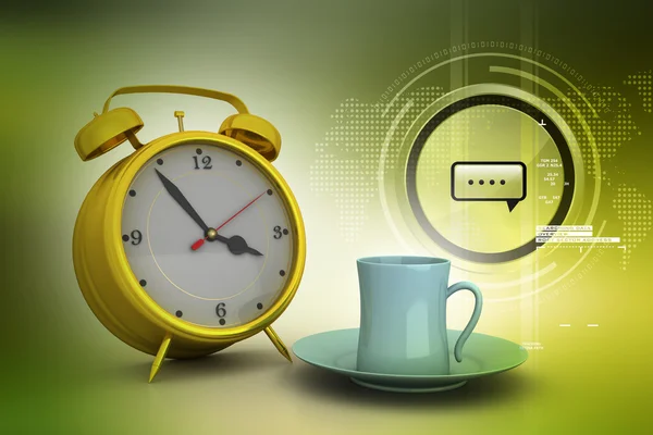 Alarm clock with cup of tea — Stock Photo, Image