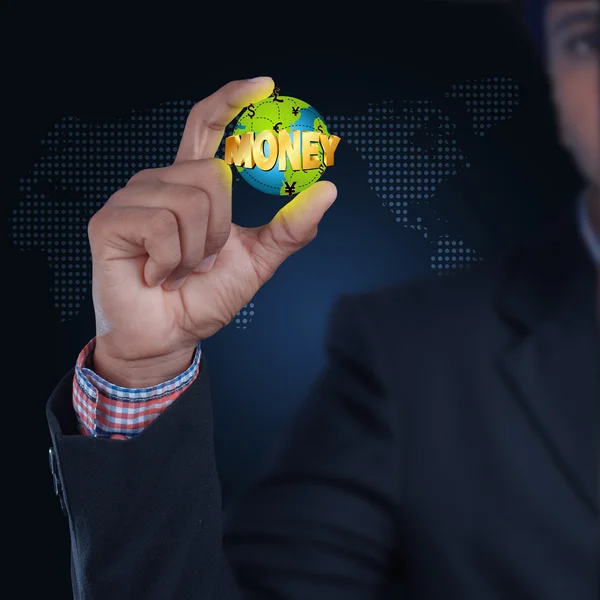 Globe sphere with currency in hand — Stock Photo, Image