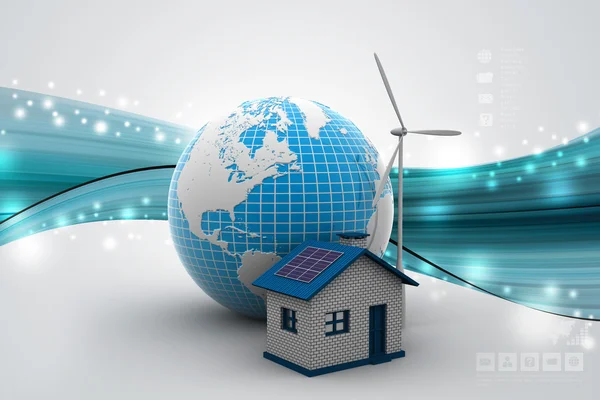 Globe, house och vind turbiner — Stockfoto
