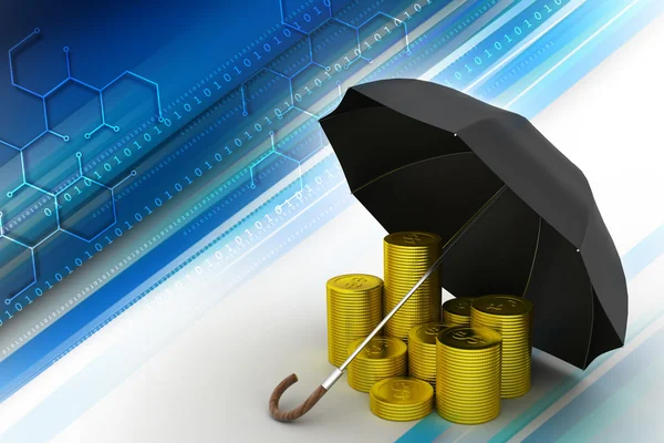 Gold coins under umbrella — Stock Photo, Image