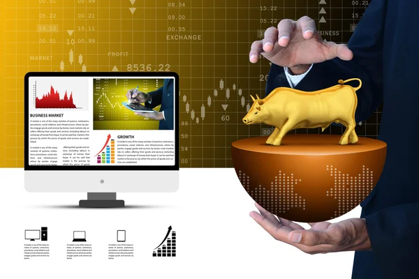 Empresário e touro dourado — Fotografia de Stock