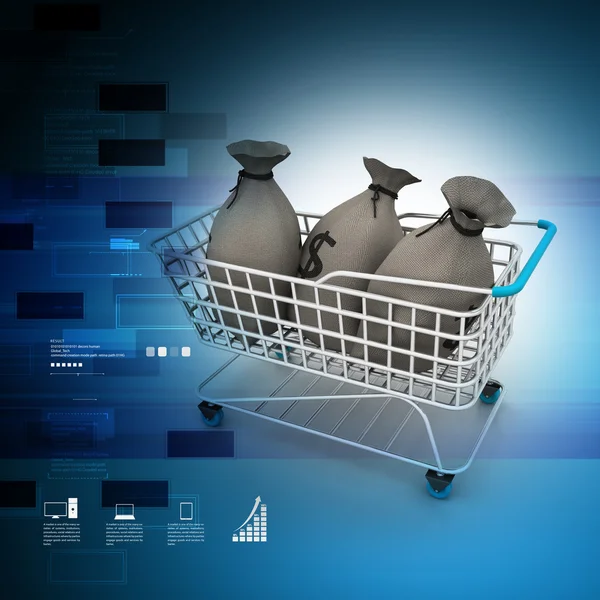 Money bags in shopping cart — Stock Photo, Image