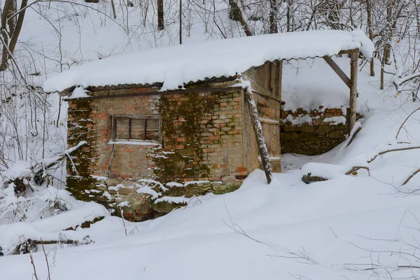 冬天被雪覆盖的森林里一个破旧的 摇摇欲坠的小木屋 — 图库照片
