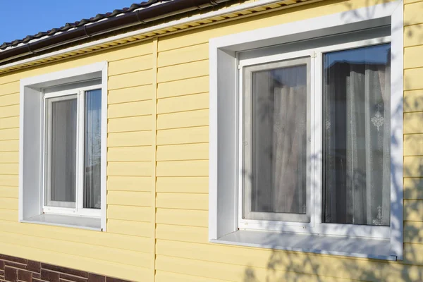 Wall Private House Plastic Windows Covered Yellow Vinyl Siding — Stock Photo, Image