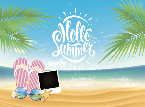 Summer poster, lettering, freehand drawing, beach, sun, glasses Royalty Free Stock Vectors