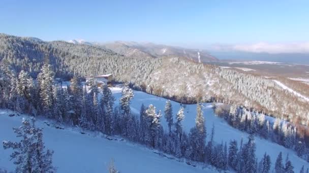 Flygfotografering från luften. Vintern. Baikalsk ski resort på Mount Sable — Stockvideo