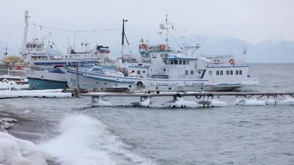 俄罗斯伊尔库茨克地区Listvyanka村 2021年1月16日 船只停靠在一个冰冻的码头上 在多风的天气里大摇大摆地摇晃着 — 图库视频影像