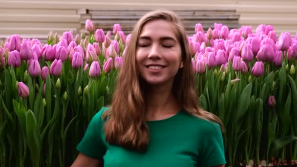 緑の服の若い女の子は花の温室で動作しますチューリップ — ストック動画