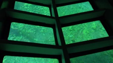 Şeffaf tabanlı bir gemi. Bathyscaphe. Baykal. Deniz dibi