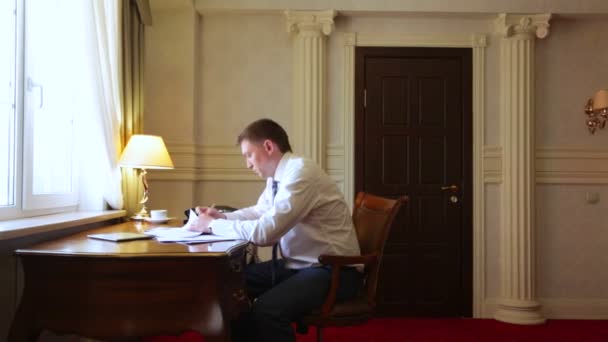 Homme d'affaires travaillant avec des documents dans la chambre d'hôtel — Video