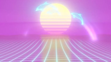 Estetik Buhar Dalgası Yunusları CGI Retro 90 'ların Güneş Sistemi Okyanusu' na Sıçrıyor - 4K Kusursuz VJ Döngüsü Arkaplan Animasyonu