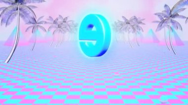 Estetik Buhar Dalgası Pembe Palmiye Ağaçlı Yüzen İnternet E logosu - 4K Kusursuz Döngüsüz Arkaplan Animasyonu