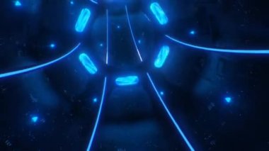 Fly In Futuristic Sci-Fi Uzay Gemisi Mavi Neon Parlak Işıklar Tüneli - 4K Kusursuz Döngüsüz Arkaplan Animasyonu
