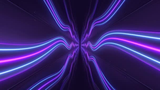 Luces de neón de onda curva abstracta resplandor oscuro túnel pasillo reflexión - Animación de fondo de movimiento de bucle sin costura 4K — Vídeo de stock